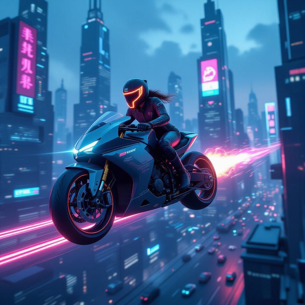 Cyberpunk Motorcycle Soaring Through City Skies