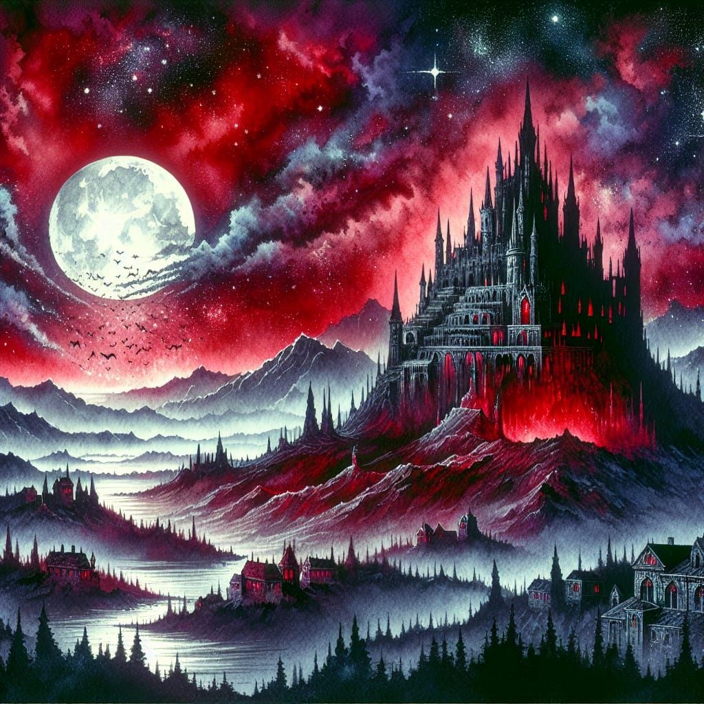 Horror Realism: Vampire Castle Under Scarlet Sky