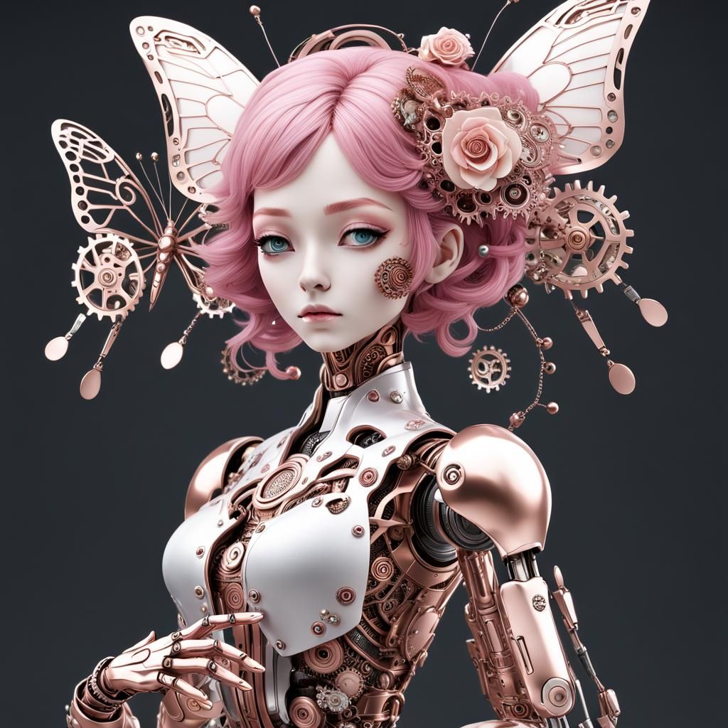Rose Gold Robot Woman with Butterfly, 3D Anime Art