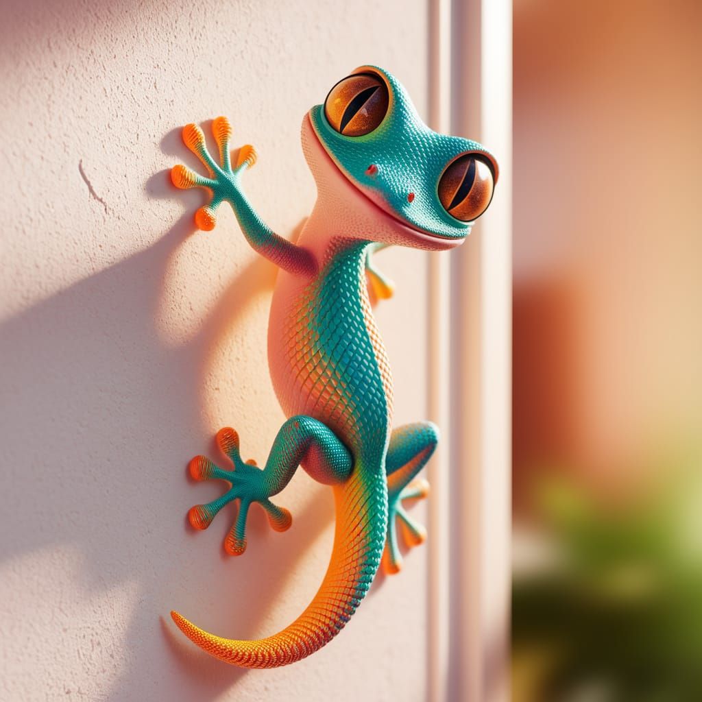 Cartoon Gecko with Amber Eyes on White Wall