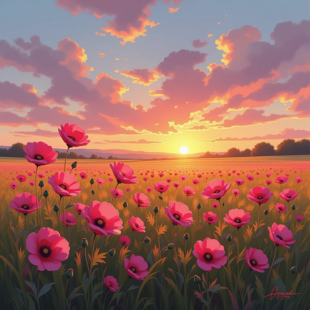 Pink Flowers Swaying at Sunset, Polychromatic Hues