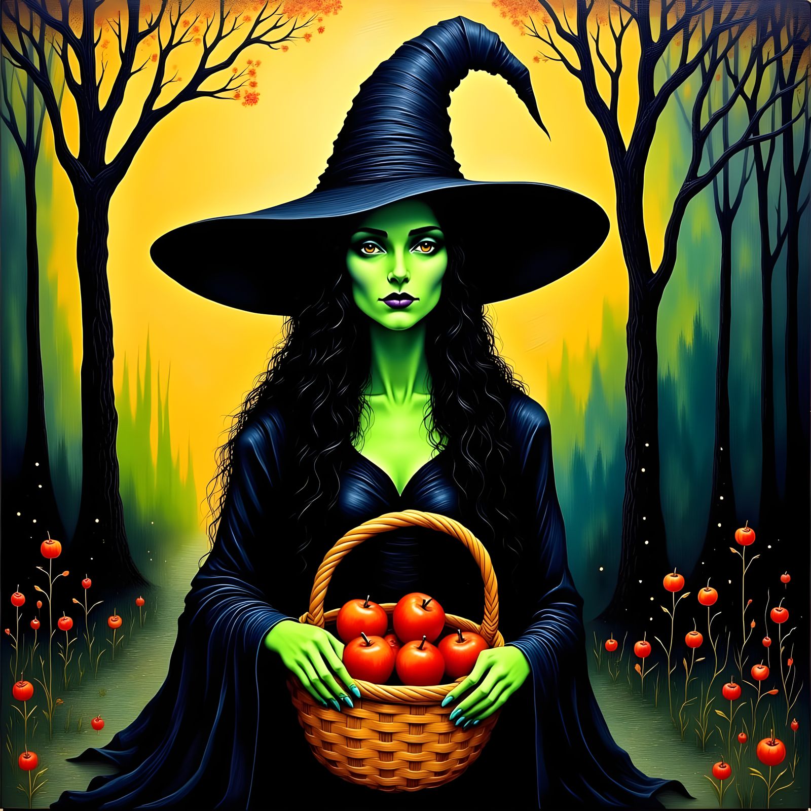 Halloween Witch in Haunted Forest, Van Gogh and Klimt Style