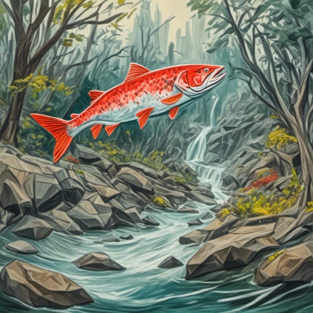 Salmon Swimming Upstream in Gouache Watercolor Style