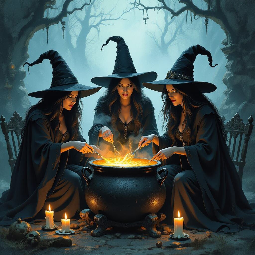 Three Witches Stirring Cauldron in Dark Fantasy Style