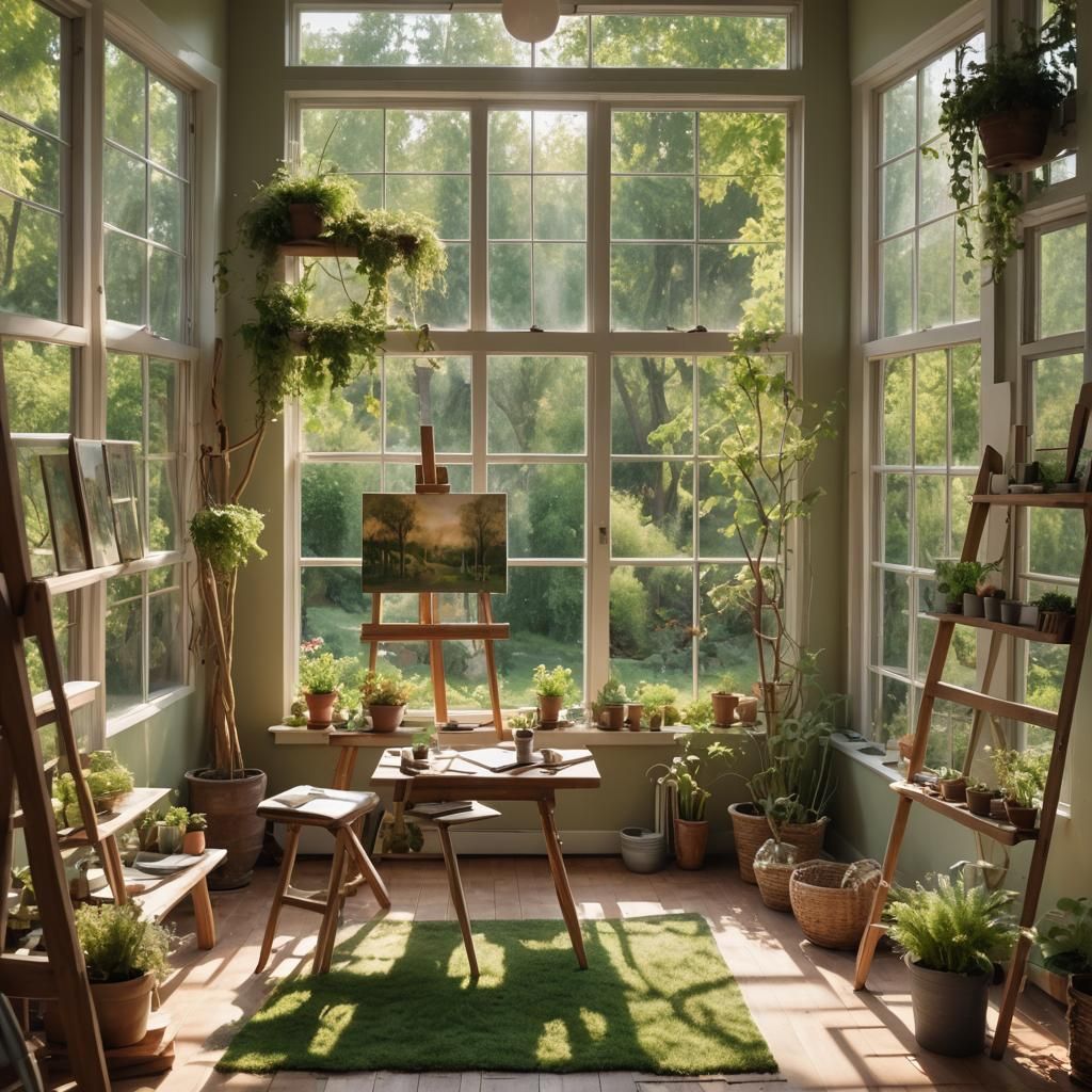 Inviting Art Room with Lush Backyard View