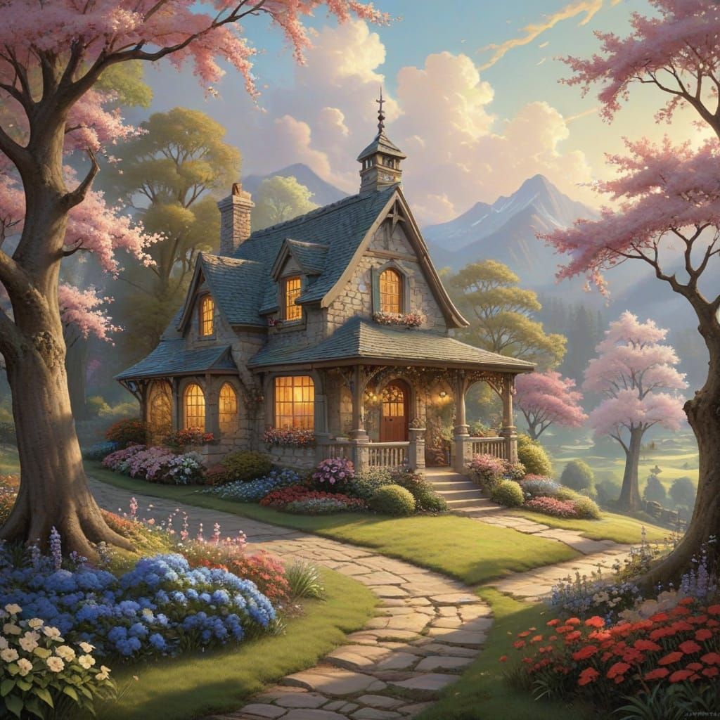 Birdhouse Cottage in Cherry Tree: Matte Painting