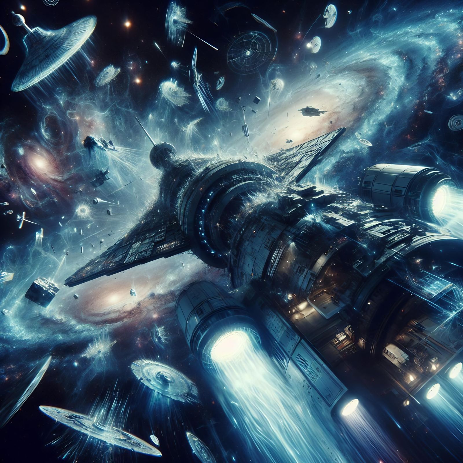 Cosmic Ballet of Space Debris Near Spaceship