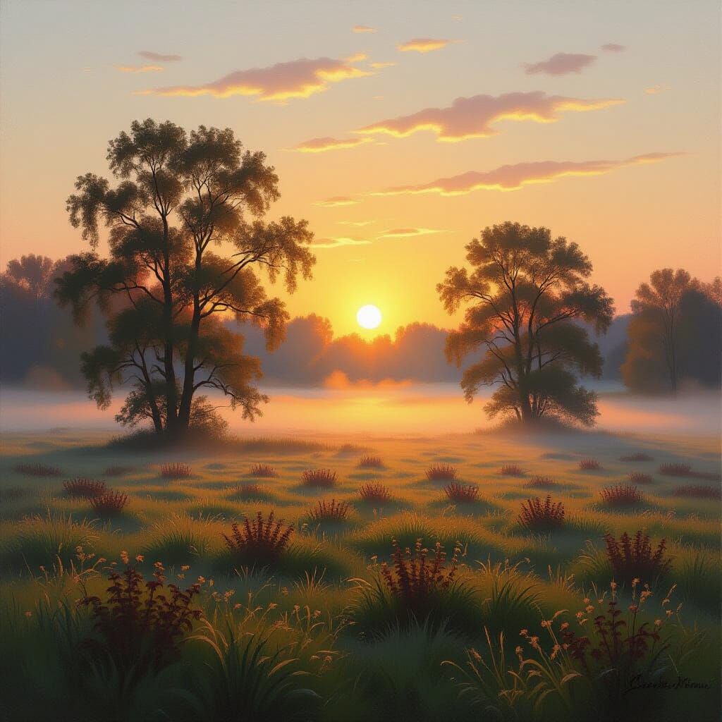 Serene Autumn Dawn Landscape in Impressionistic Oil Style