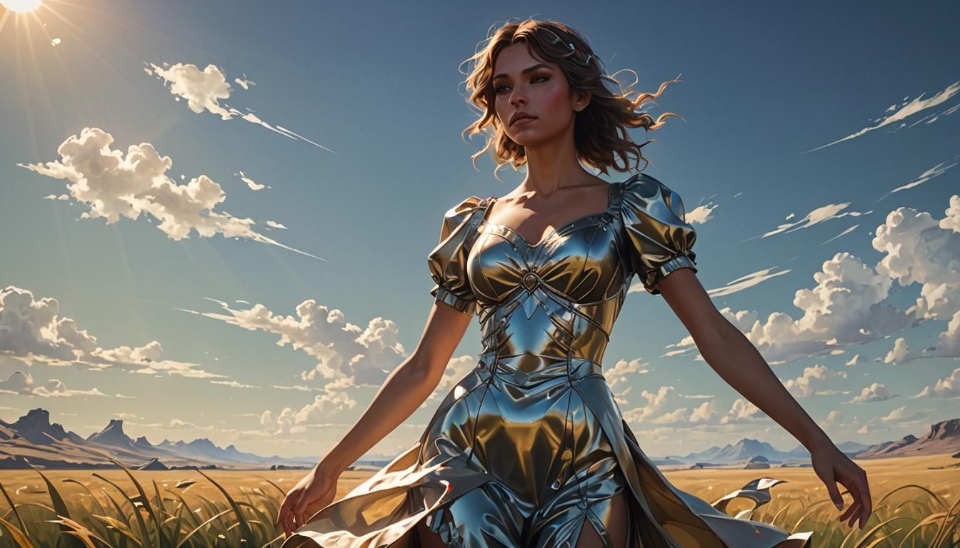 Girl in Dress on Plain, Hyperdetailed Digital Art