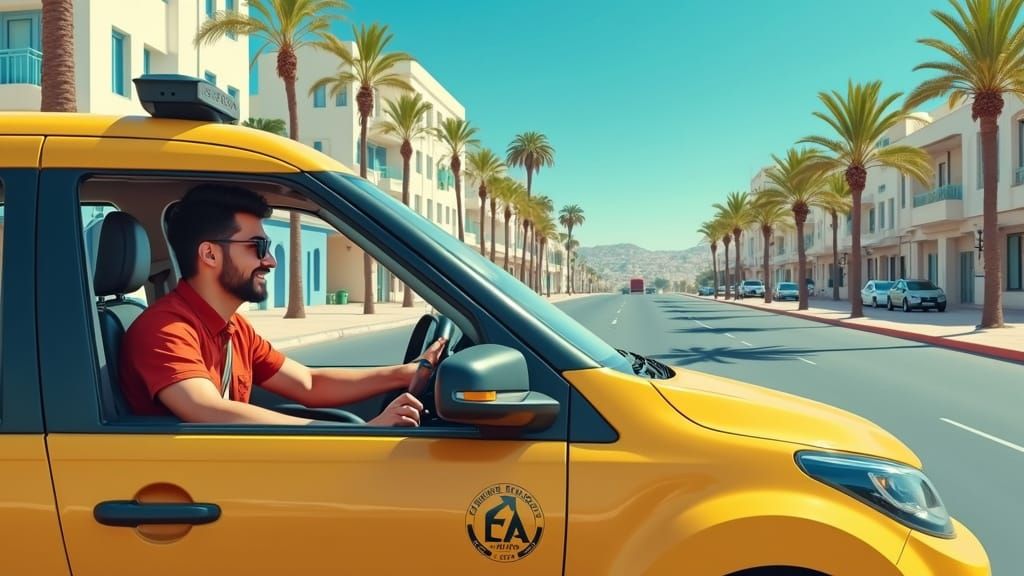 Tunisian Taxi Driver Smiles in Modern BYD Dolphin, Sunny Urb...