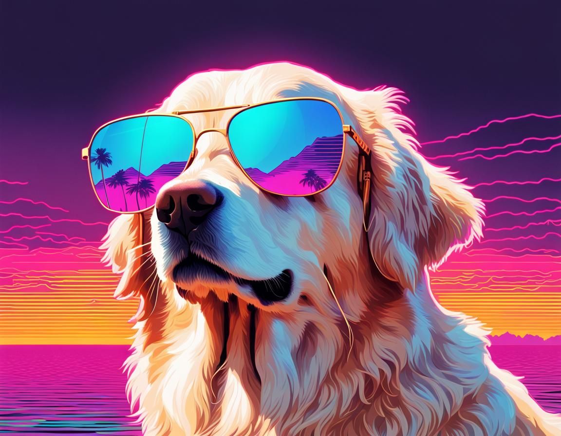 Golden Retriever in Vaporwave Neon Style