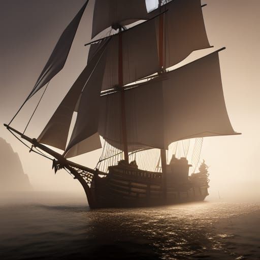 Pirate Ship in Fog, Dark Fantasy Art