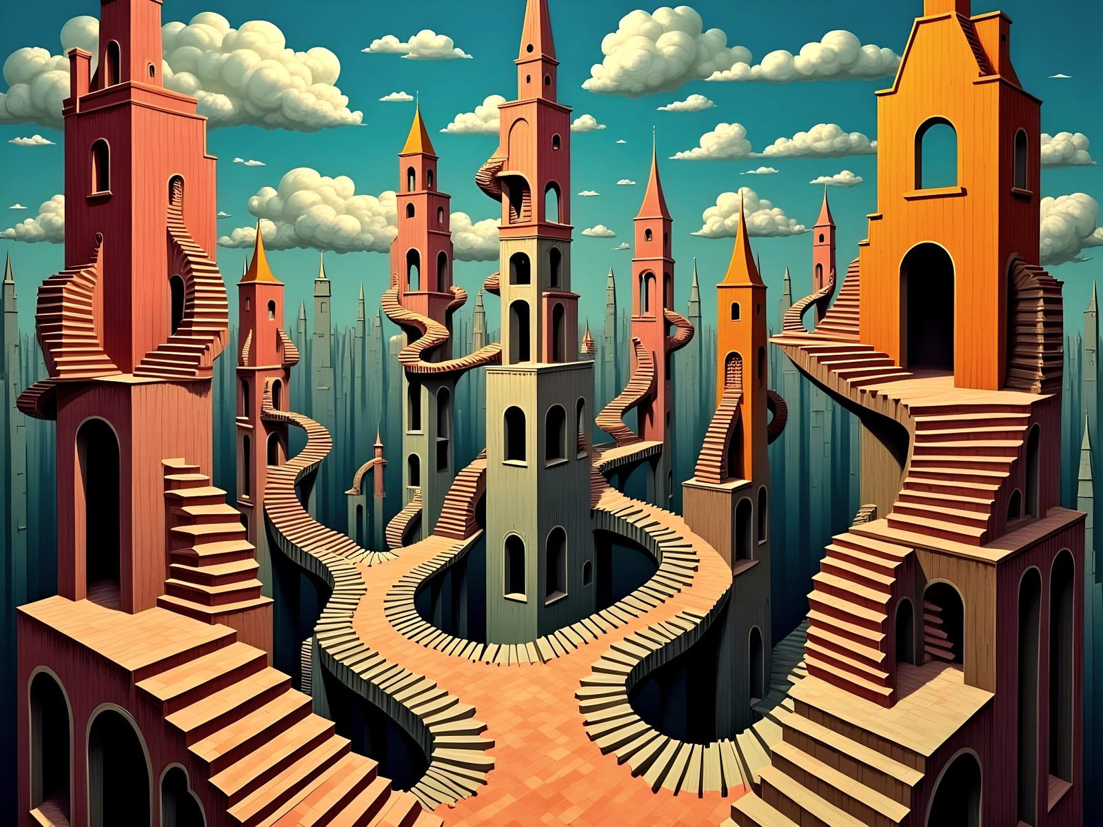 Escher-Inspired Impossible Tower in Vibrant Surrealism