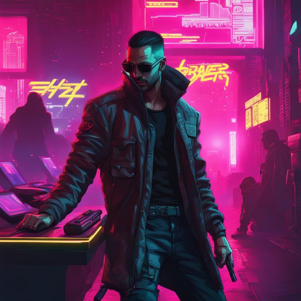 Cyberpunk Hacker in Neon Cityscape