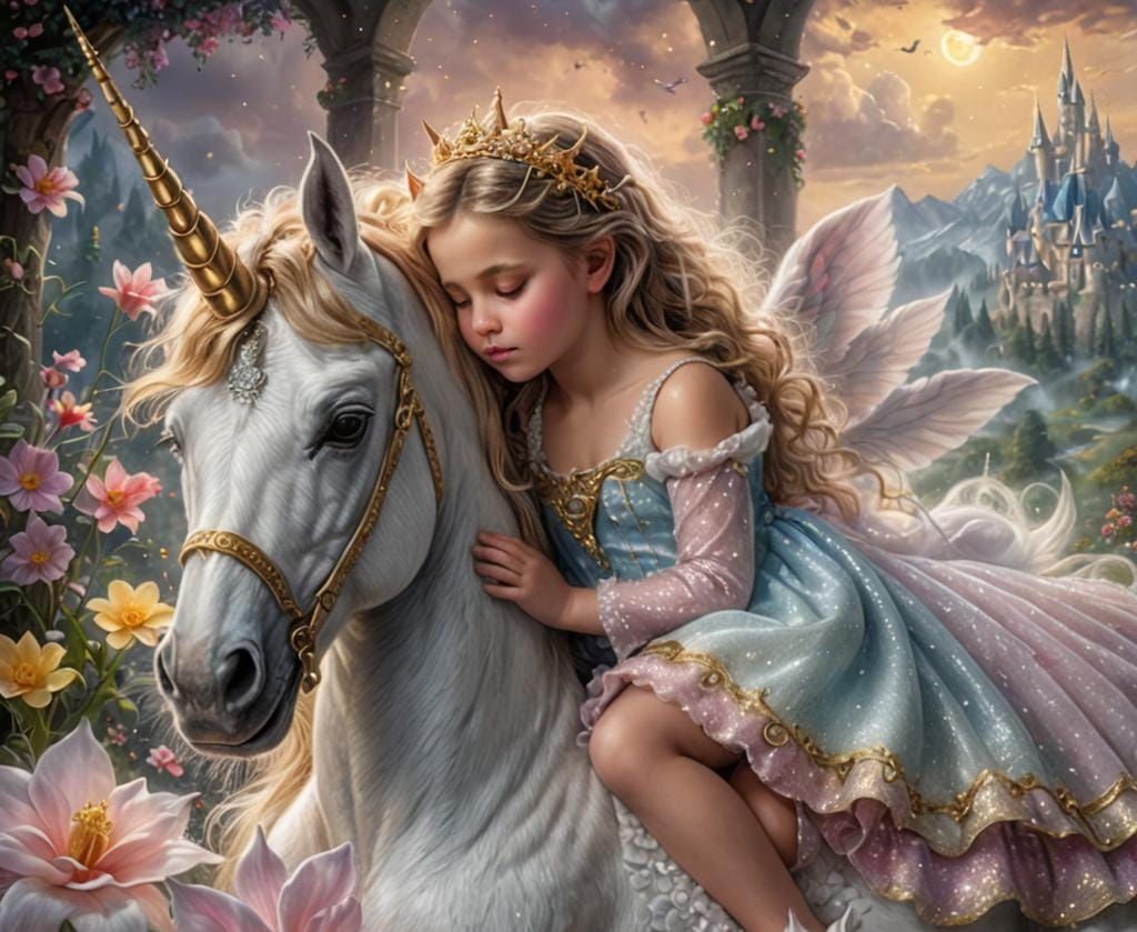 Baby Princess and Magical Unicorn: Hyperrealistic Dreamscape