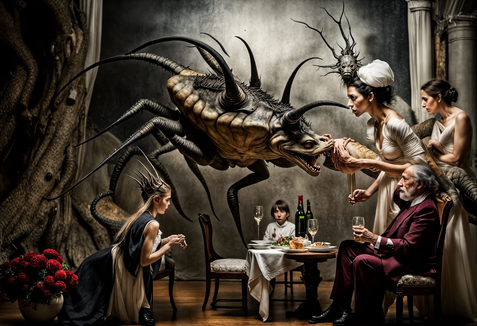 Surreal Restaurant with Bizarre Creatures and Alien Food