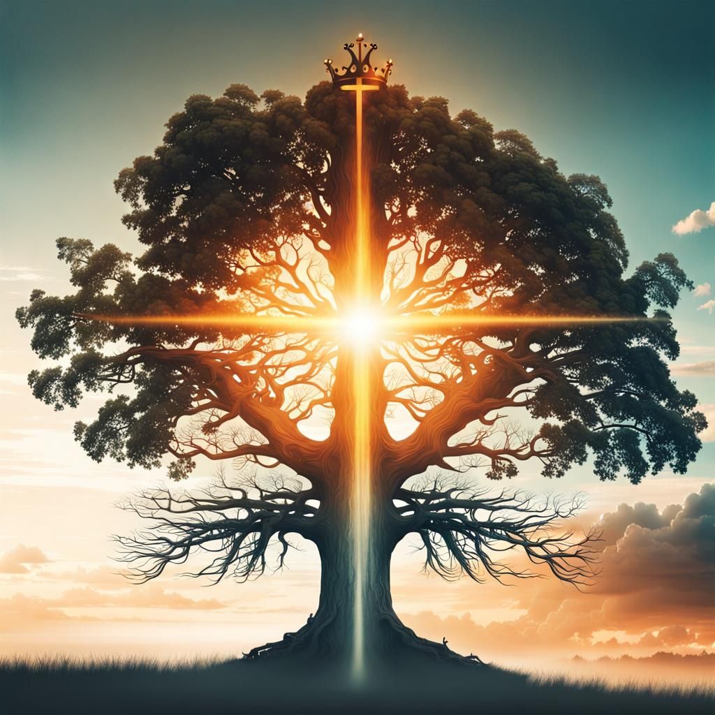Double Exposure of Tree, Cross, and Crown