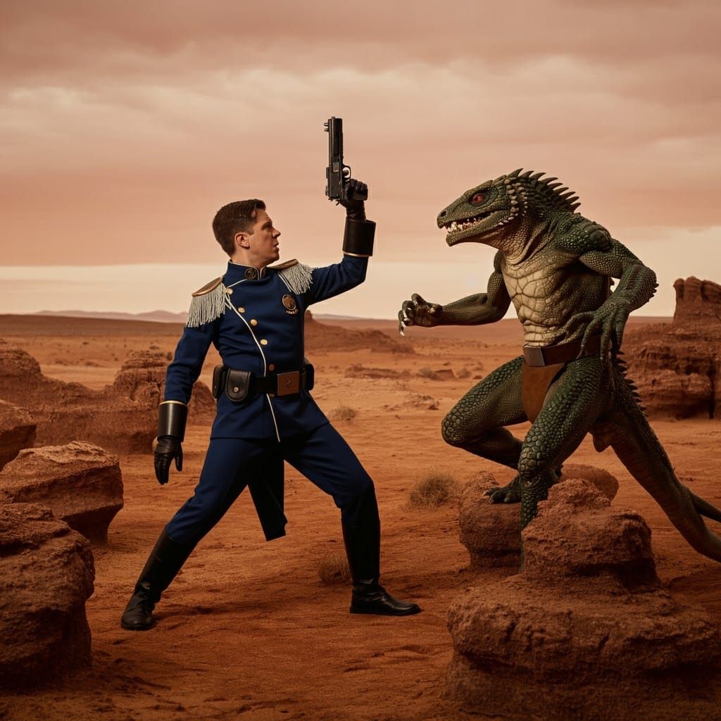 Space Captain Versus Lizard Man in Desert Battle