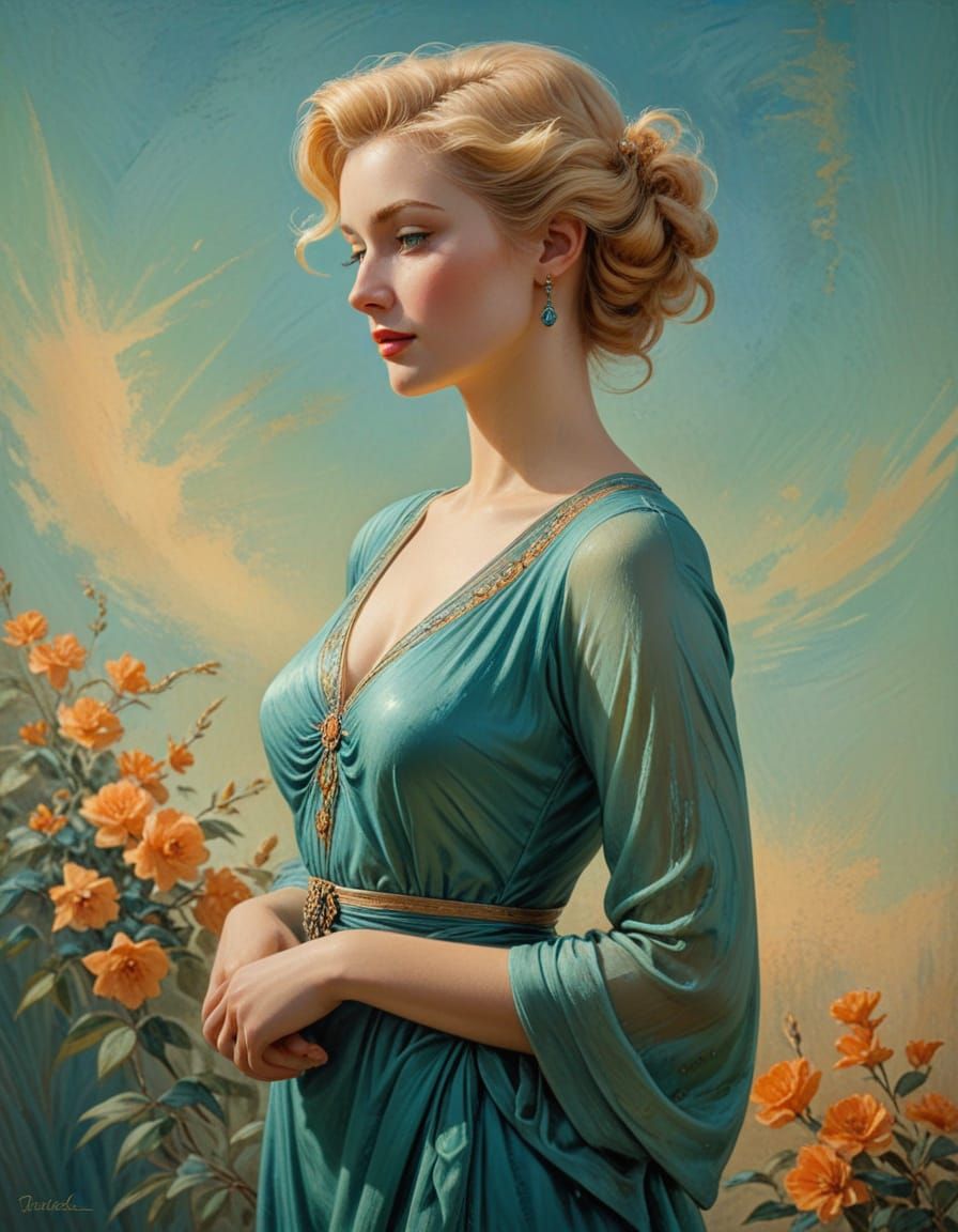 1950s Woman in Golden Light, Art Nouveau Style