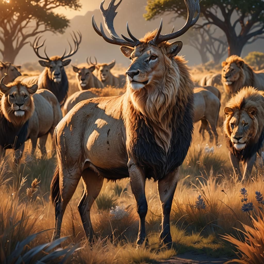 Elk-Lion Hybrid in Golden Savannah Light