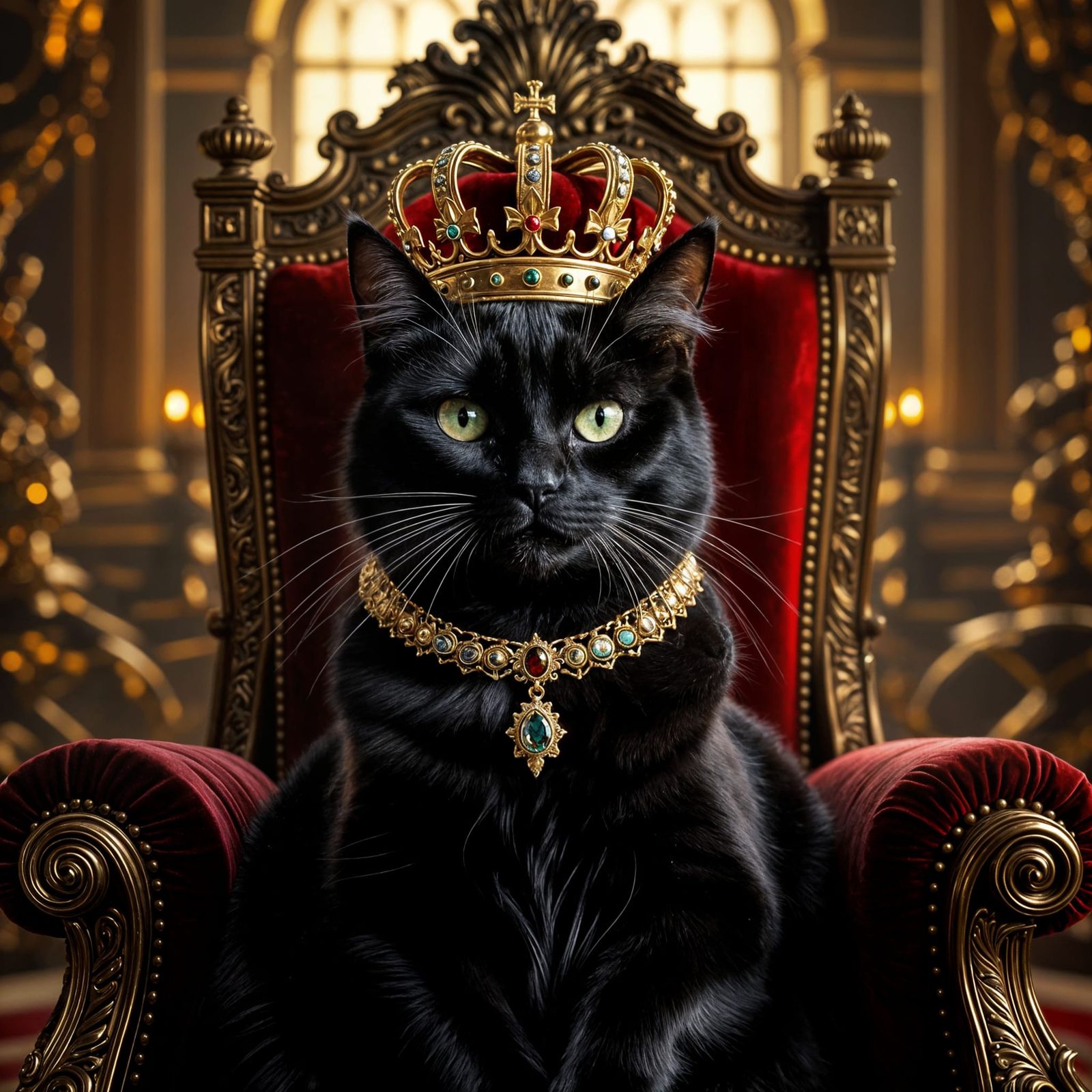Majestic Black Cat King on Throne, Baroque Painting