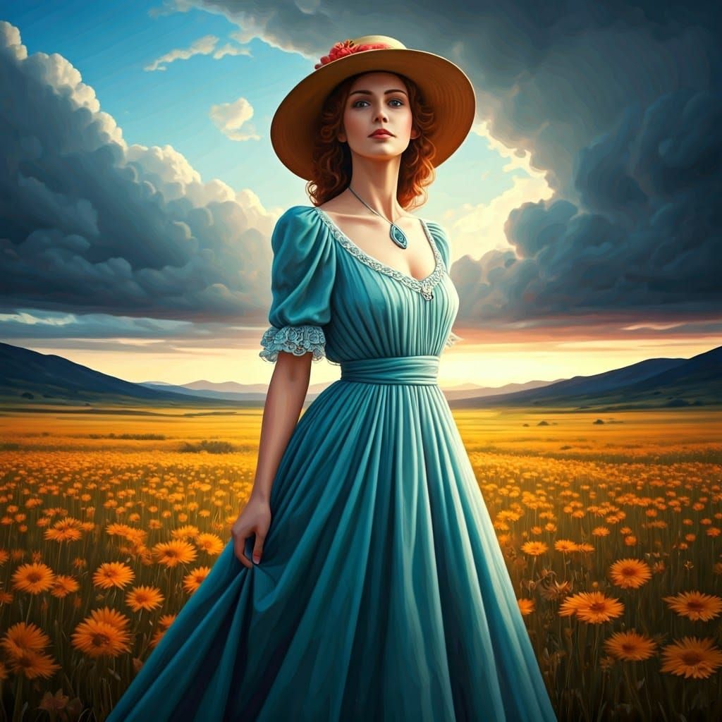 Elegant Fantasy Maiden in Field, Retro Art Style