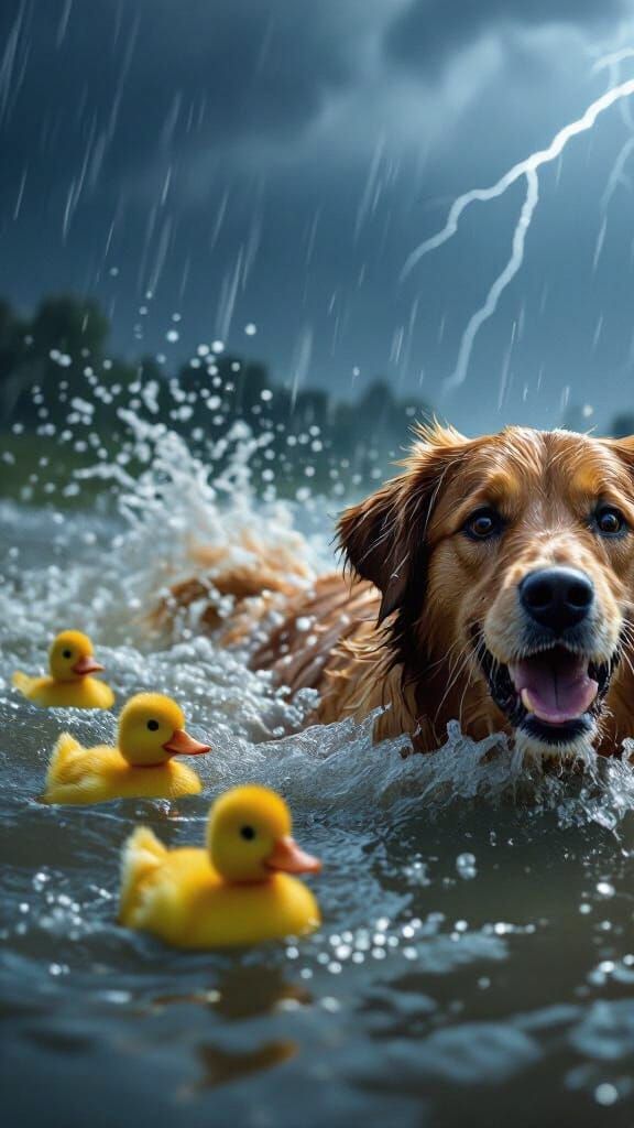 Father Dog Rescues Ducklings in Violent Flood