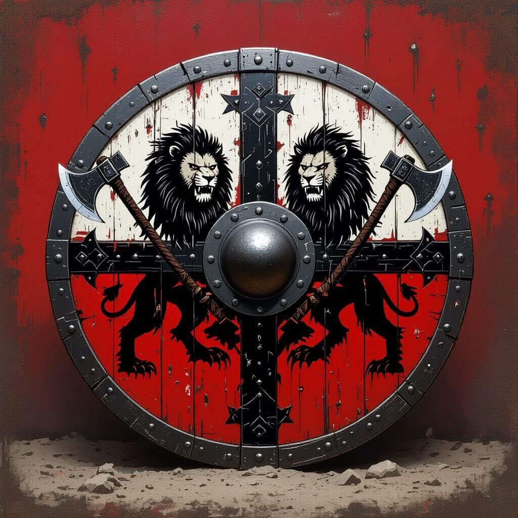 Viking Shield with Lions Emblem and Battle Axes