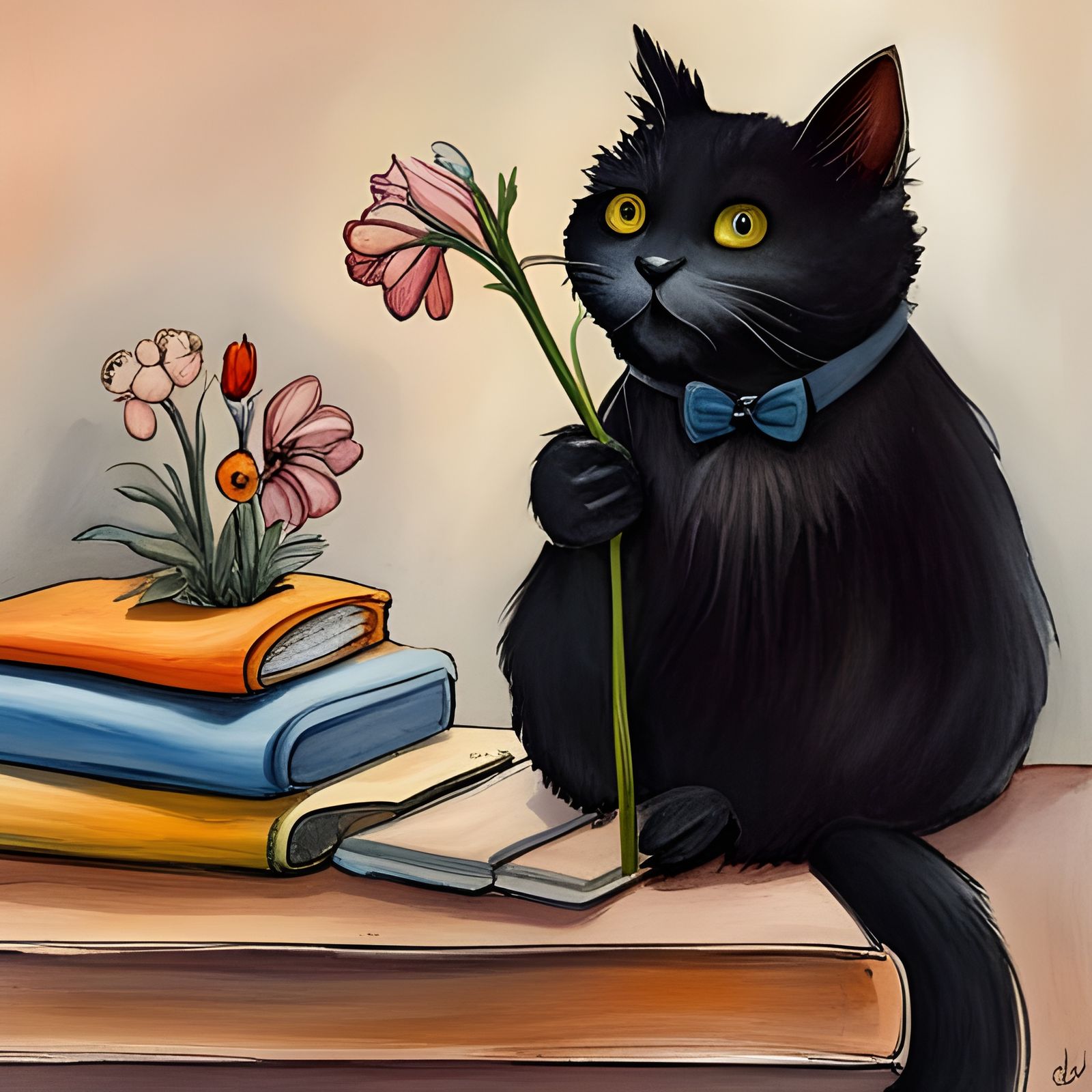 Whimsical Black Cat Surrounded by Magical Objects