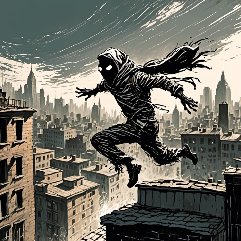 Spy Leaping Across Rooftops: Chalk Art on Black