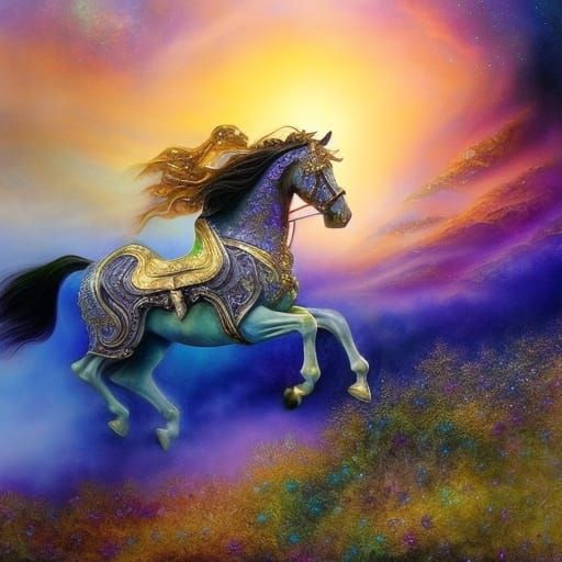 Bioluminescent Carousel Horse Leaping Across Misty Landscape