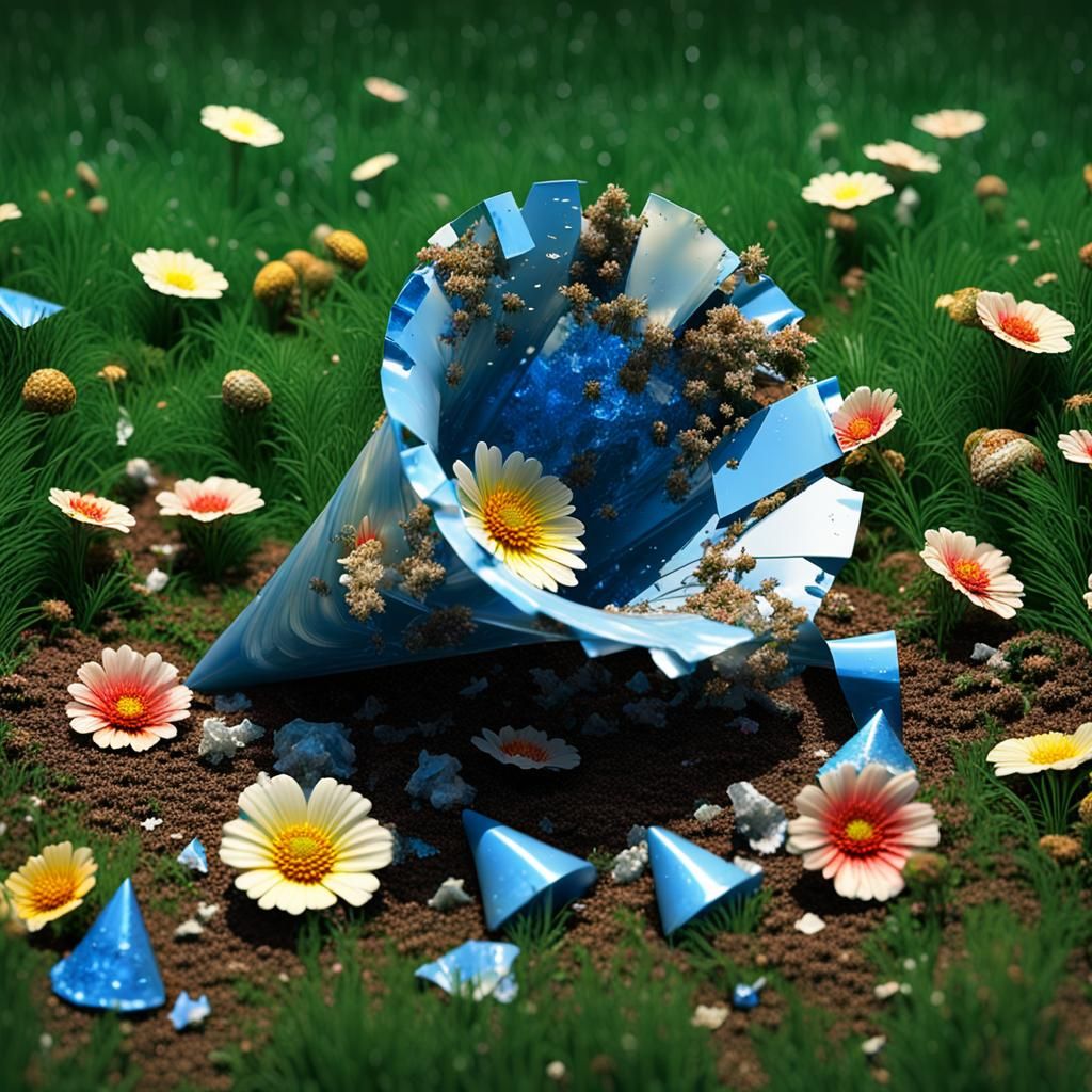 Decaying Plastic Cone in Meadow of Plastic Flowers