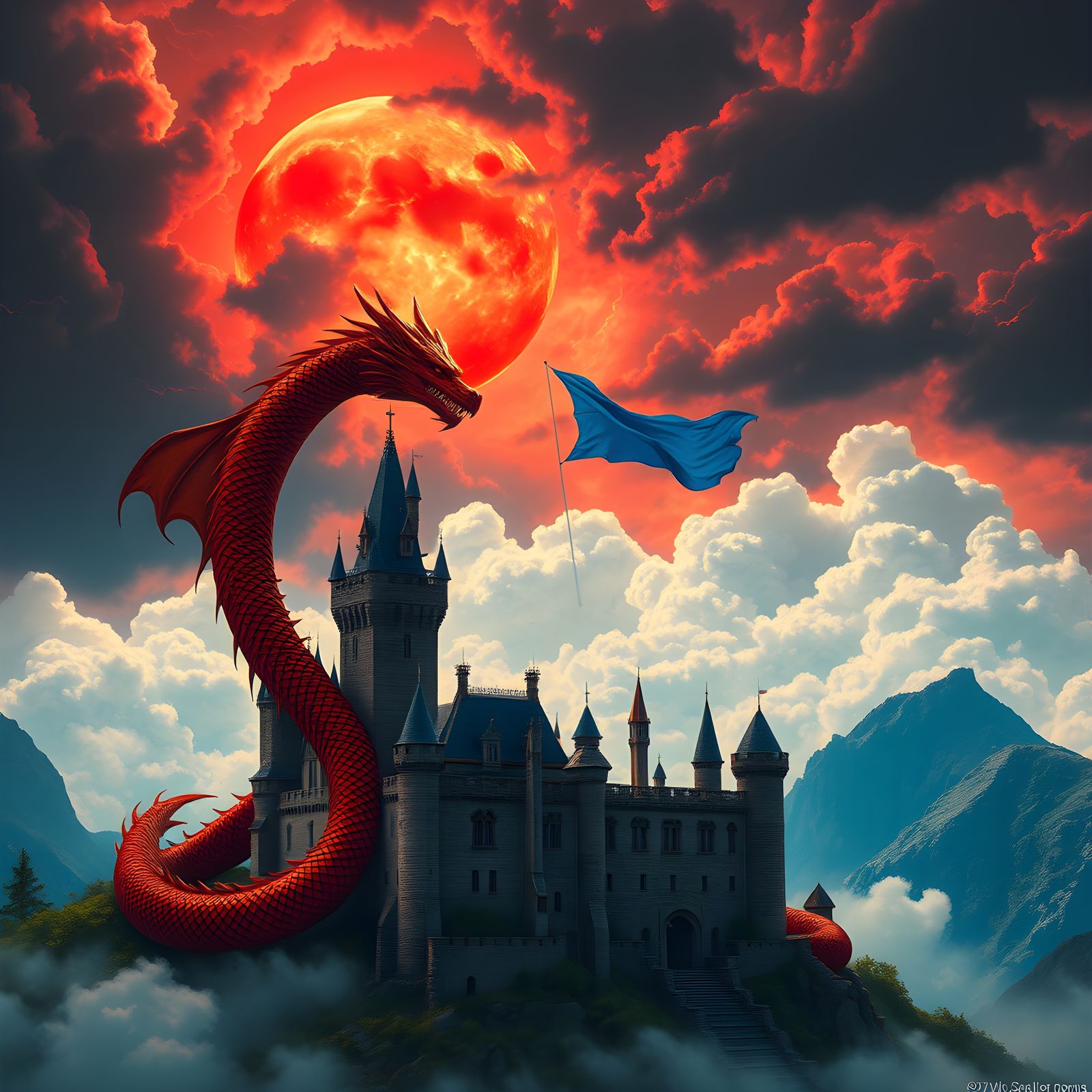 Stormy Castle Scene with Dragon