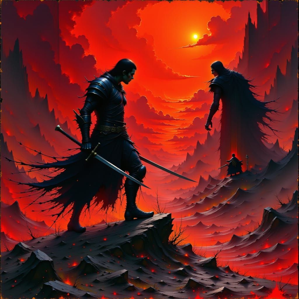 Warrior's Fierce Battle Under Crimson Sky