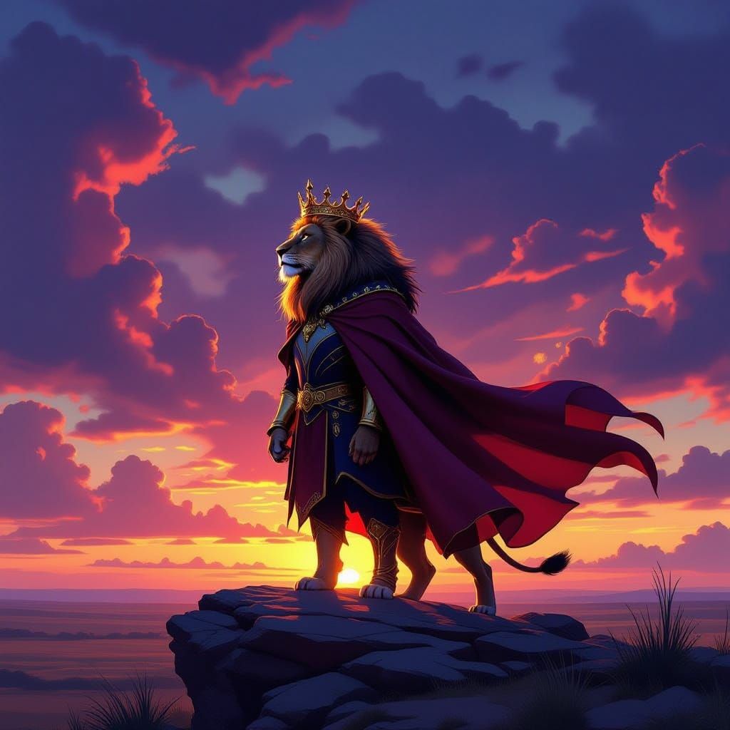 Majestic Lion King on Savanna at Sunset