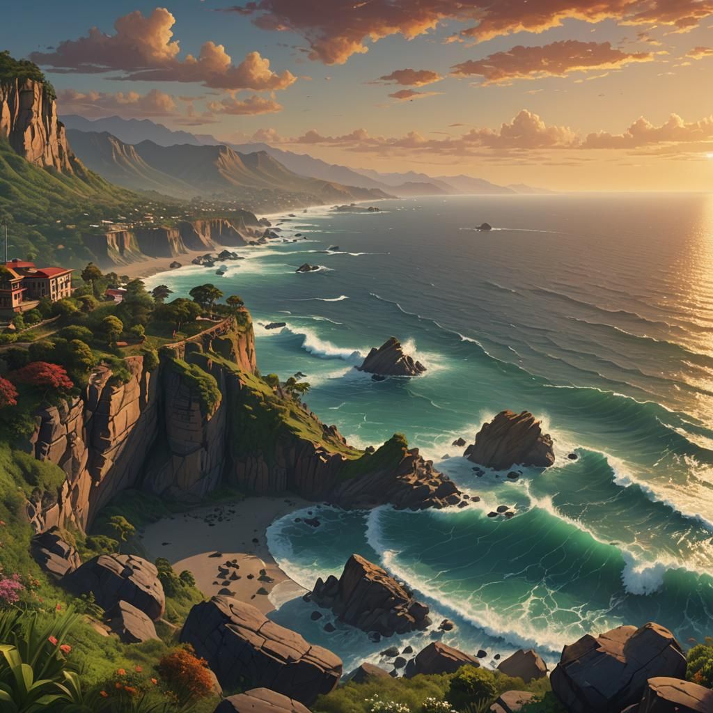 Ocean Vista at Sunrise in Detailed Pixel Art