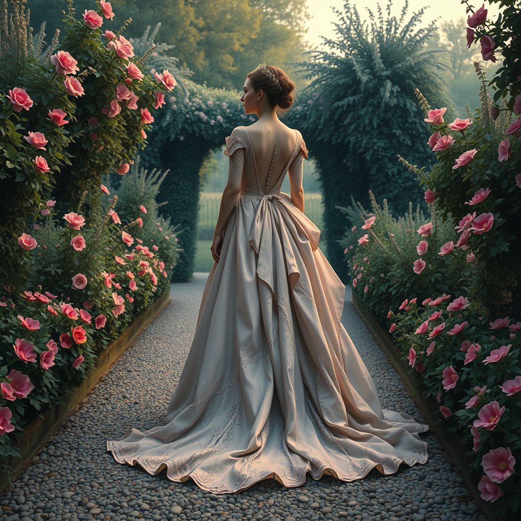 Ornate Dress on Gravel Path in Pre-Raphaelite Style