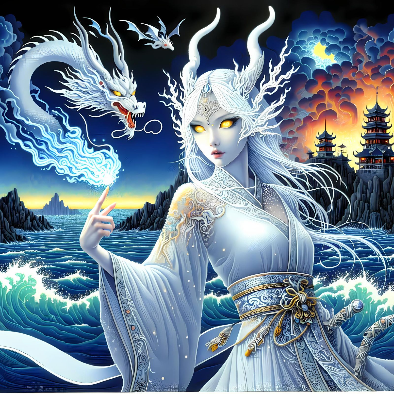 Albino Dragon Woman in Anime Pointillism Style