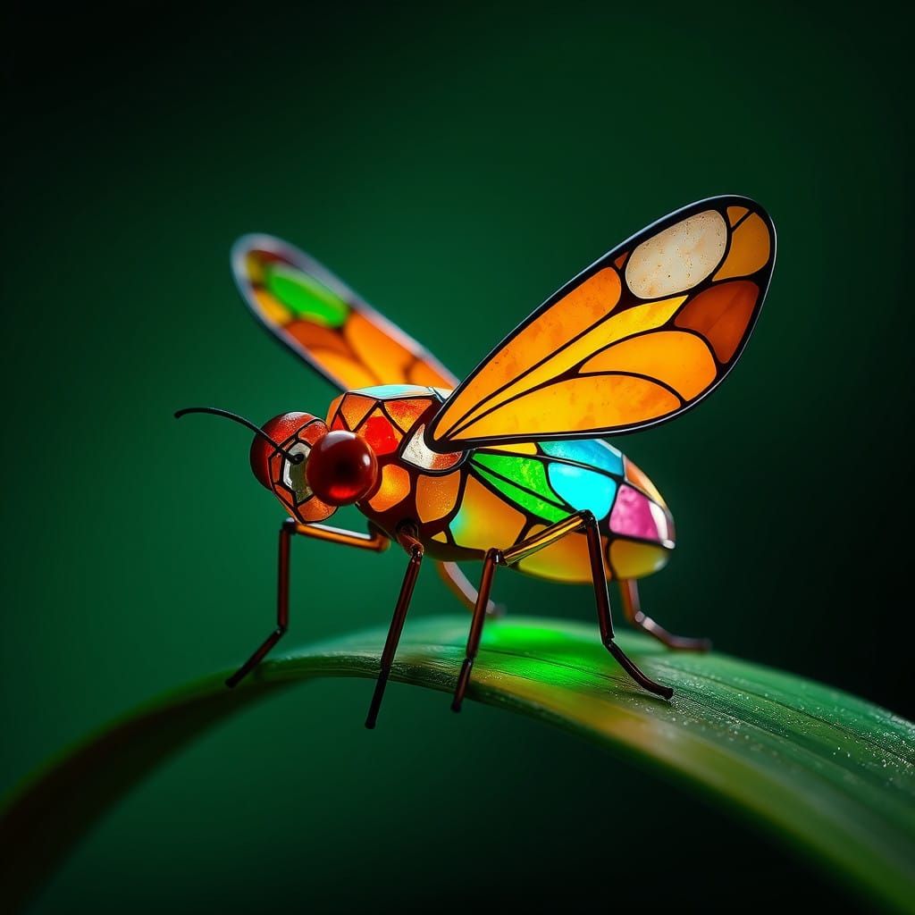 Cute firefly made of colourful stained glass illuminated from within sitting on a leaf