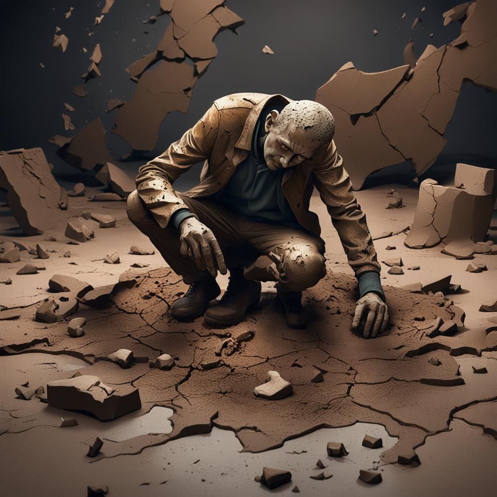 Mud Sculpture Man Attempts Self-Repair: 3D Render