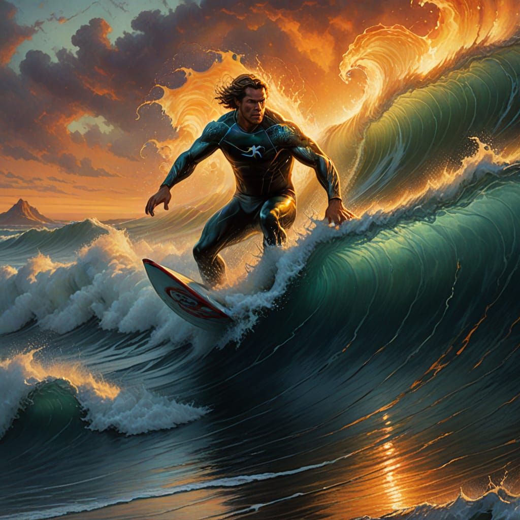 Surfer Rides Sinister Wave in Hyperrealistic Style