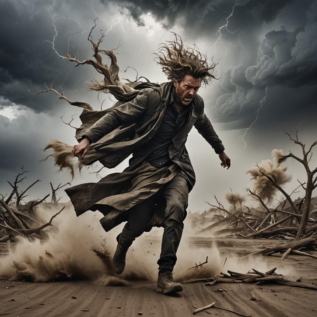 Person Struggles Against Powerful Windstorm