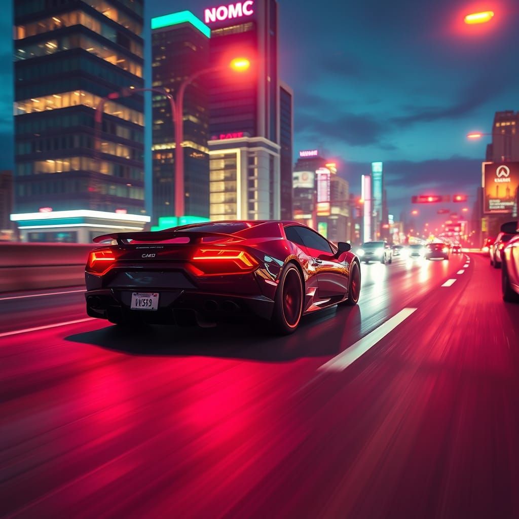 Lamborghini Speeding Down Neon Highway at Dusk