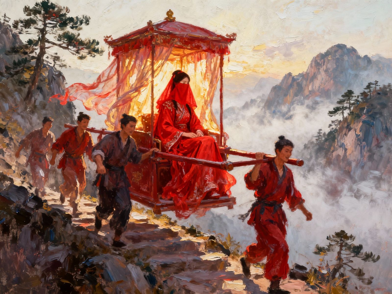 Impasto Painting of a Bride in Red Chinese Robes Carried Up ...