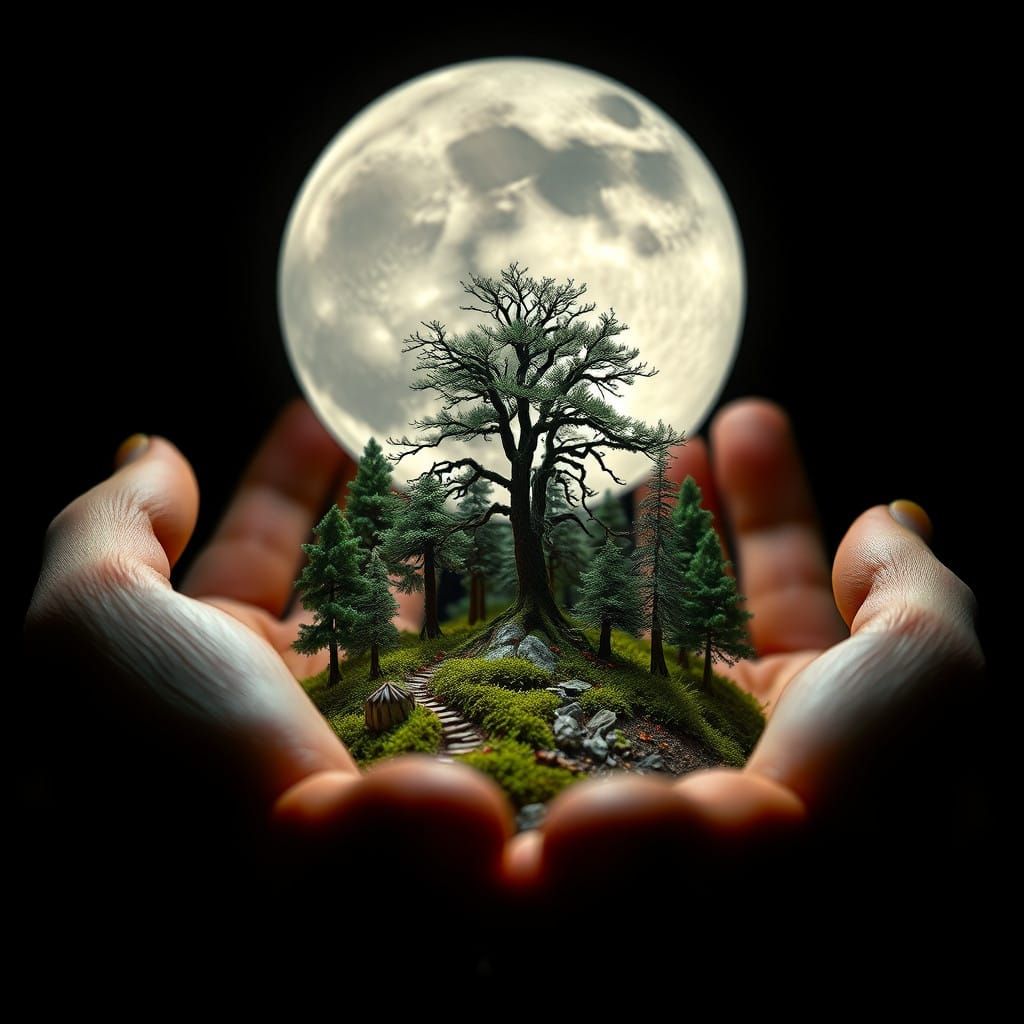 Ethereal Forest Landscape in Cupped Hands