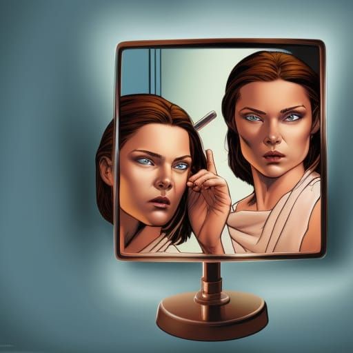 Twin sisters looking in the mirror