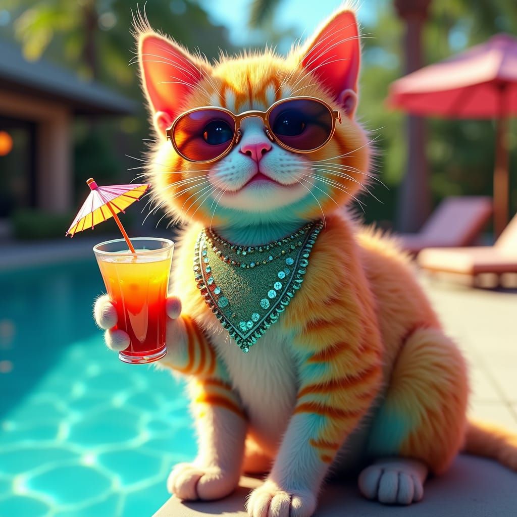Sequined Cat Sipping Cocktail, Art Nouveau Style