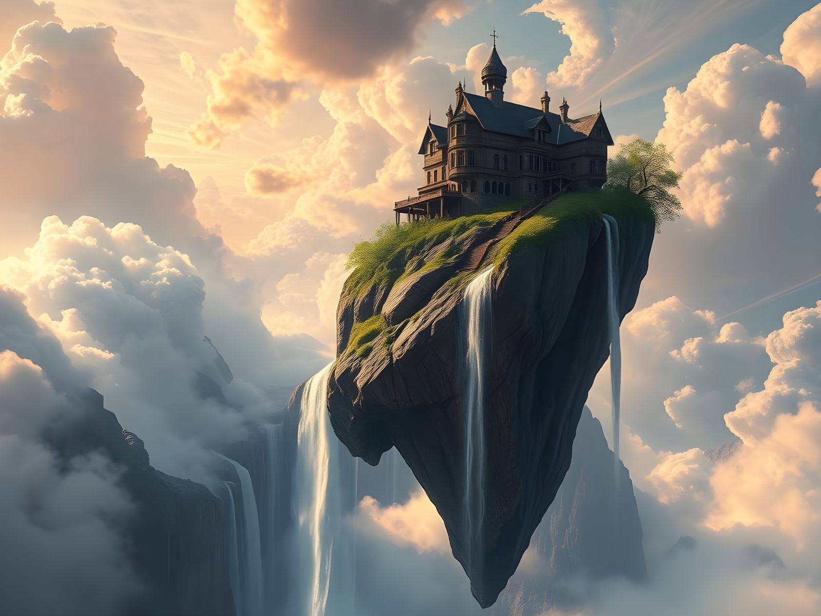 Majestic Mansion on a Floating Island with Cloud Waterfalls