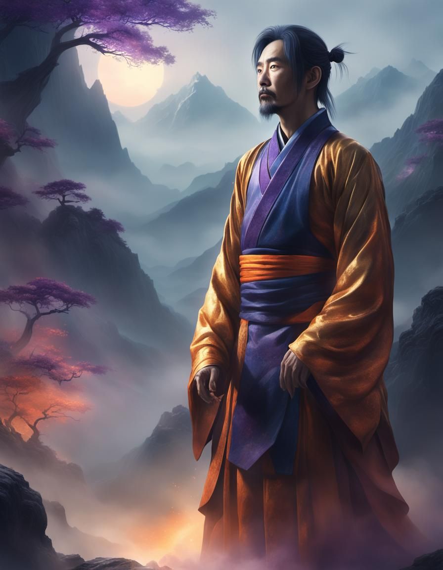 Taiji Master in Misty Mountains: Fantasy Digital Art