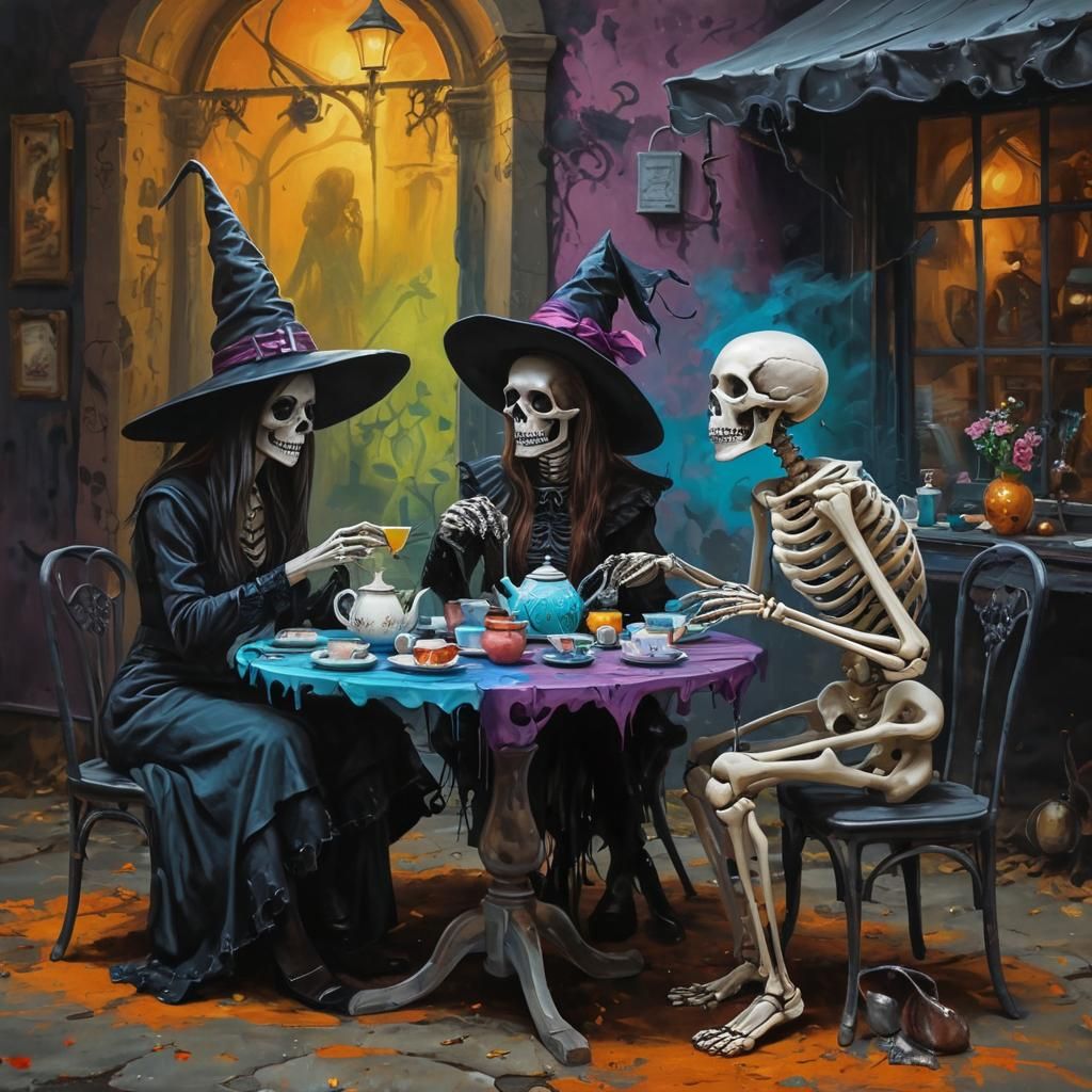 Whimsical Tea Party: Witch and Skeleton in Street Art